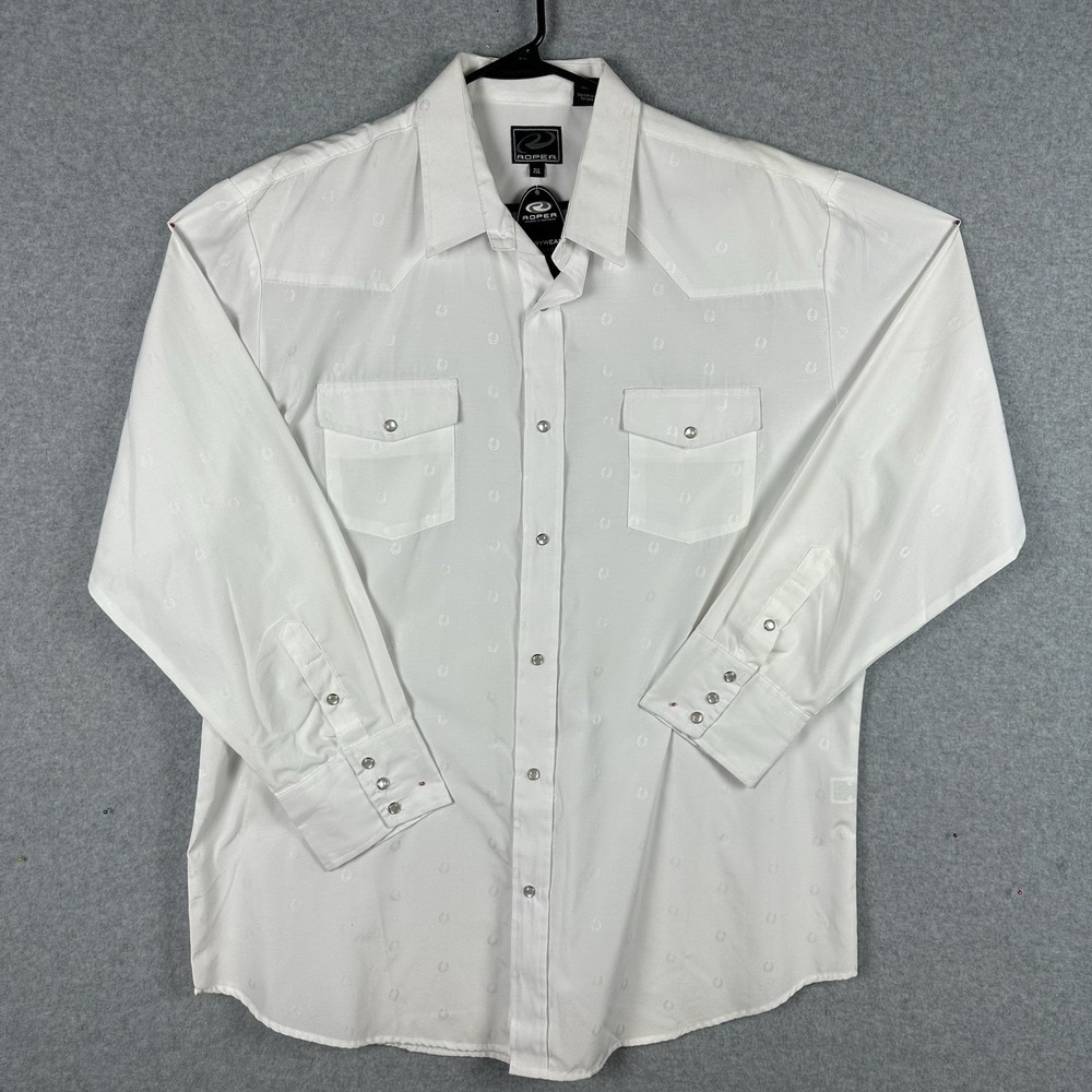 NWT Roper Mens Long Sleeve Horse Shoe Pattern Pearl Snap Size XXL White